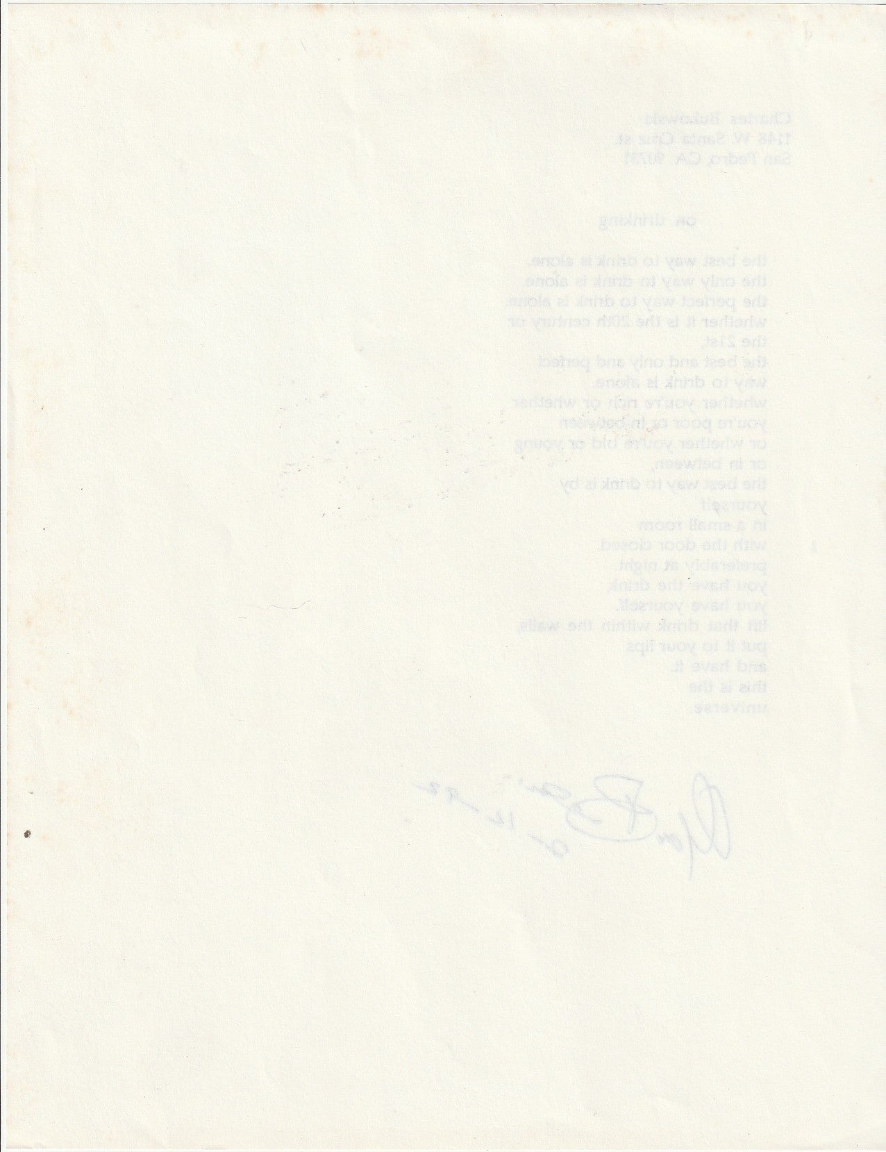 On Drinking: Signed, Unpublished Poem by Charles Bukowski