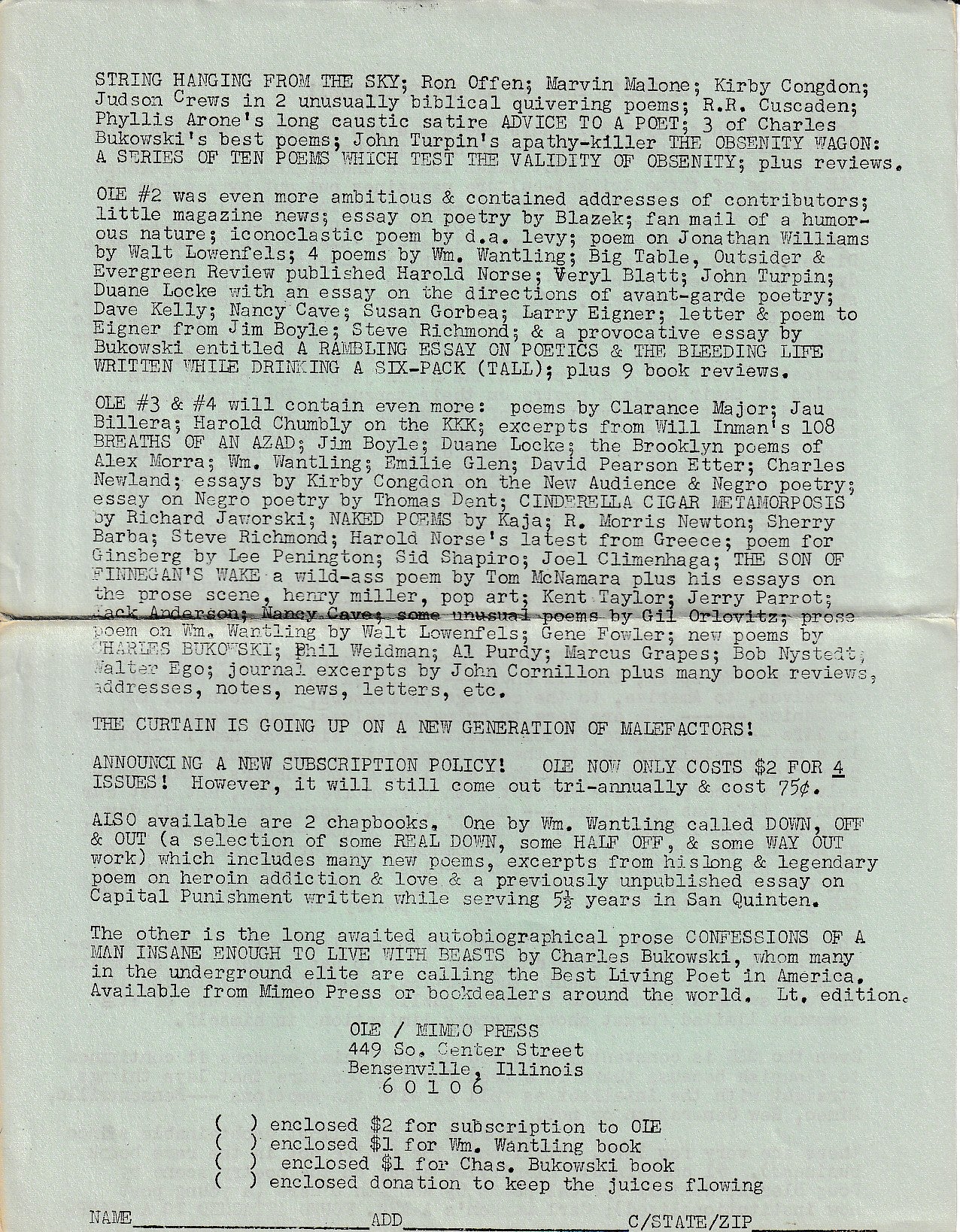 OLE No. 2 w/ Flyer -- A Rambling Essay On Poetics And The Bleeding Life Written While Drinking A Six-Pack (Tall) by Charles Bukowski
