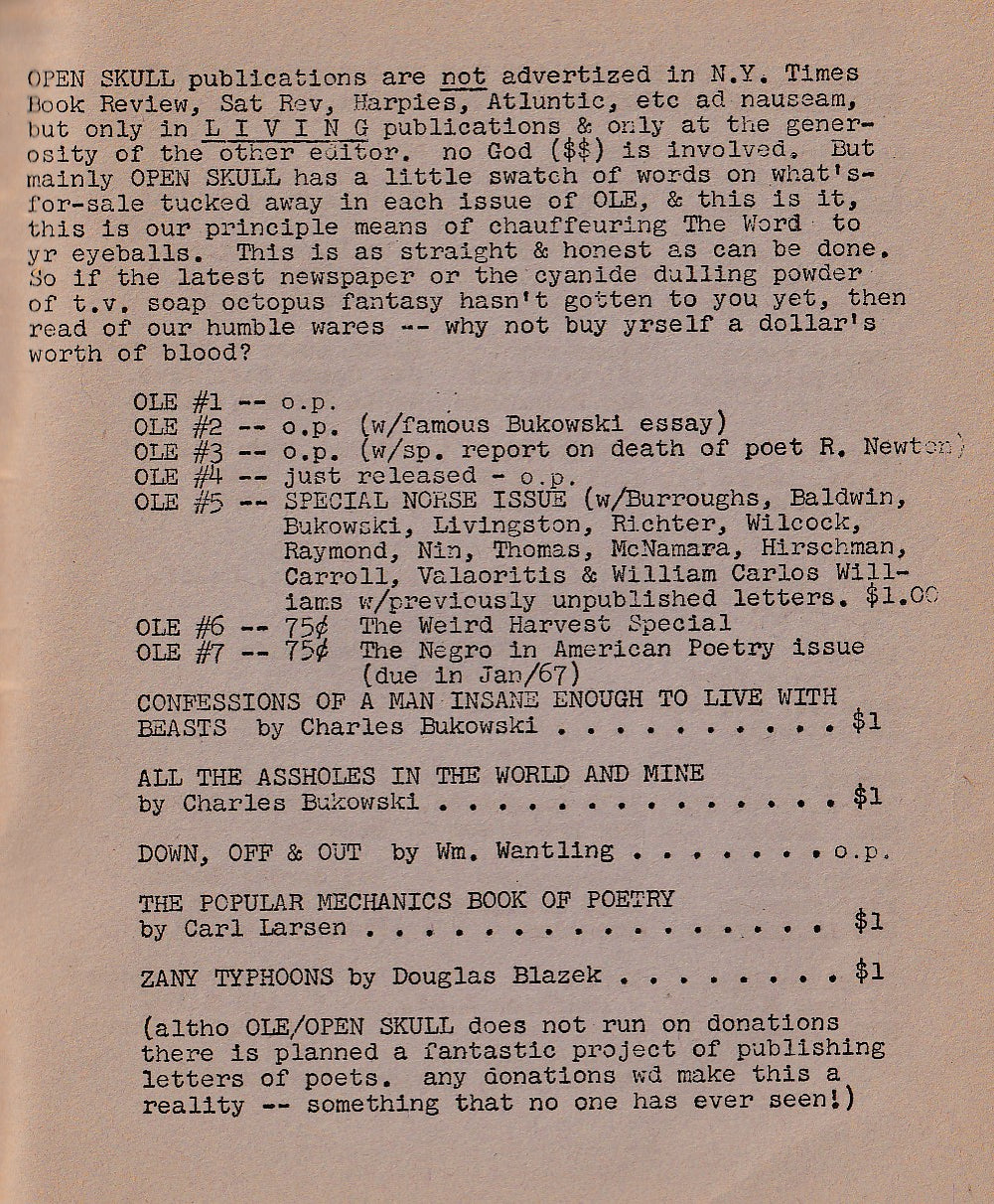 OLE No. 6 – One Uncollected, One First Appearance Charles Bukowski Poem (1966)