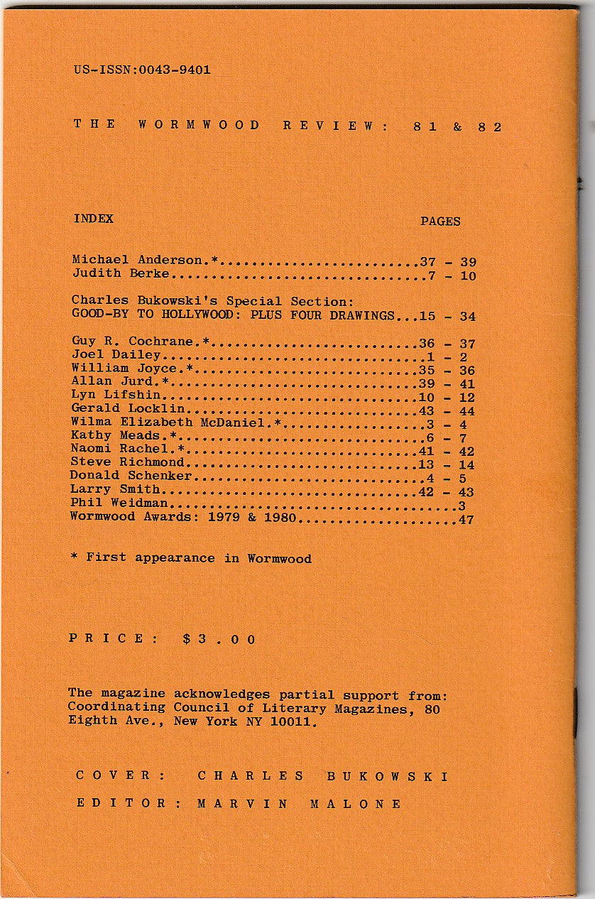 Wormwood Review 81 & 82 #515/700 – Good-By To Hollywood Special Charles Bukowski Section with One Uncollected Short Story, Drawings, Three Uncollected Poems and 13 Poems Total (1981)