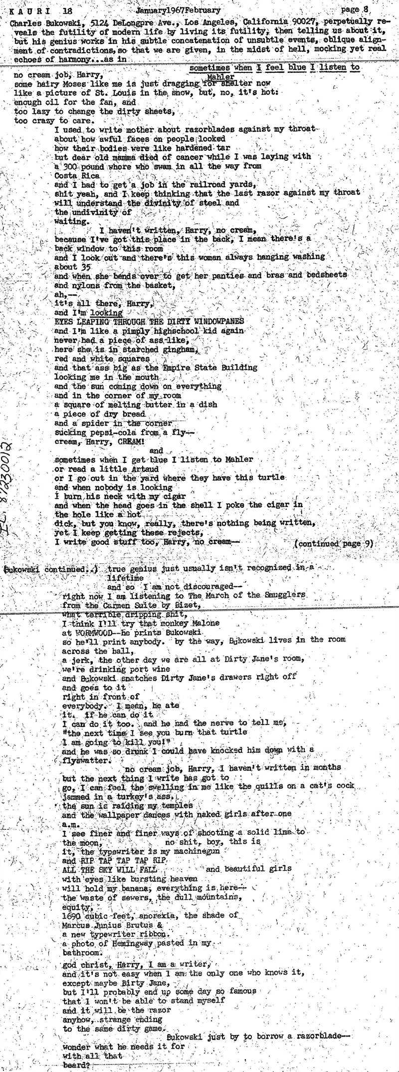 Kauri No. 18 -- First Appearance of Sometimes When I Feel Blue I Listen To Mahler (1967)