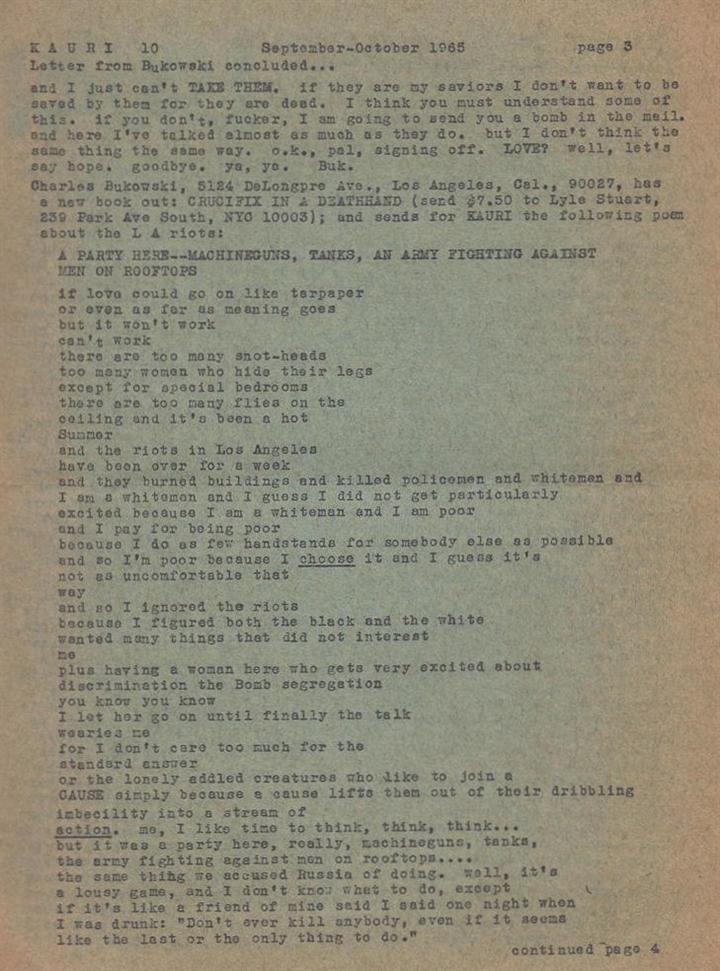 Kauri No. 10 -- One First Appearance Poem by Charles Bukowski Poem (1965)