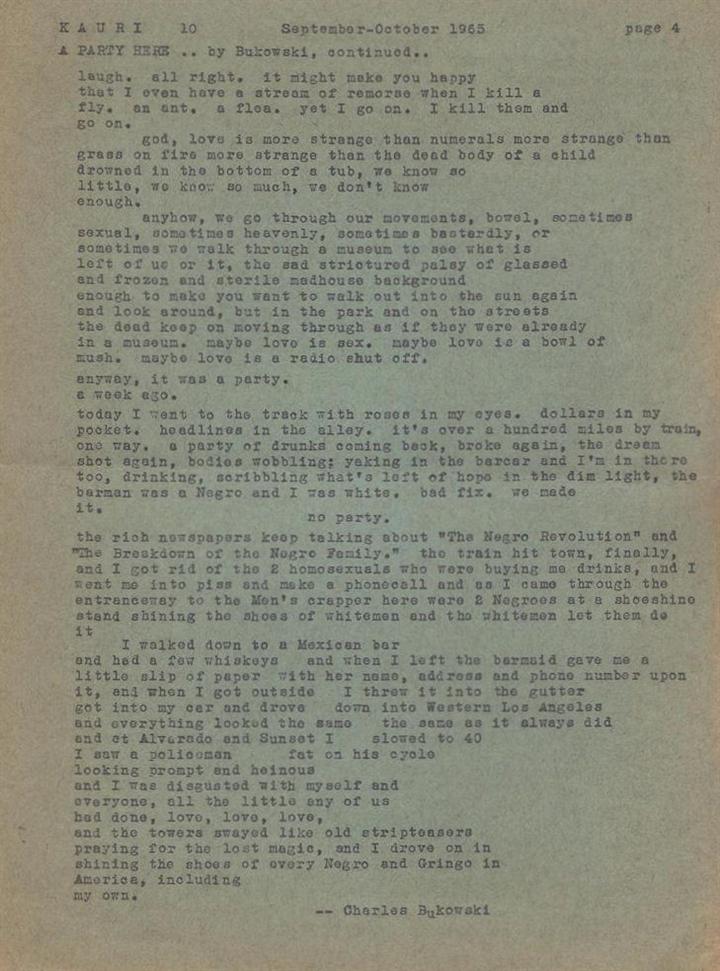 Kauri No. 10 -- One First Appearance Poem by Charles Bukowski Poem (1965)