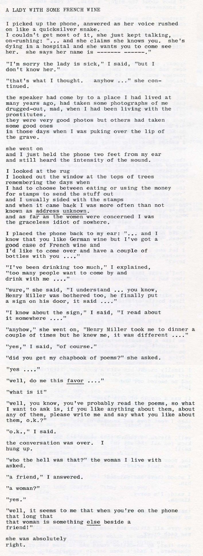 Signed, Two-Page Uncollected Poem by Charles Bukowski: A lady with some French wine