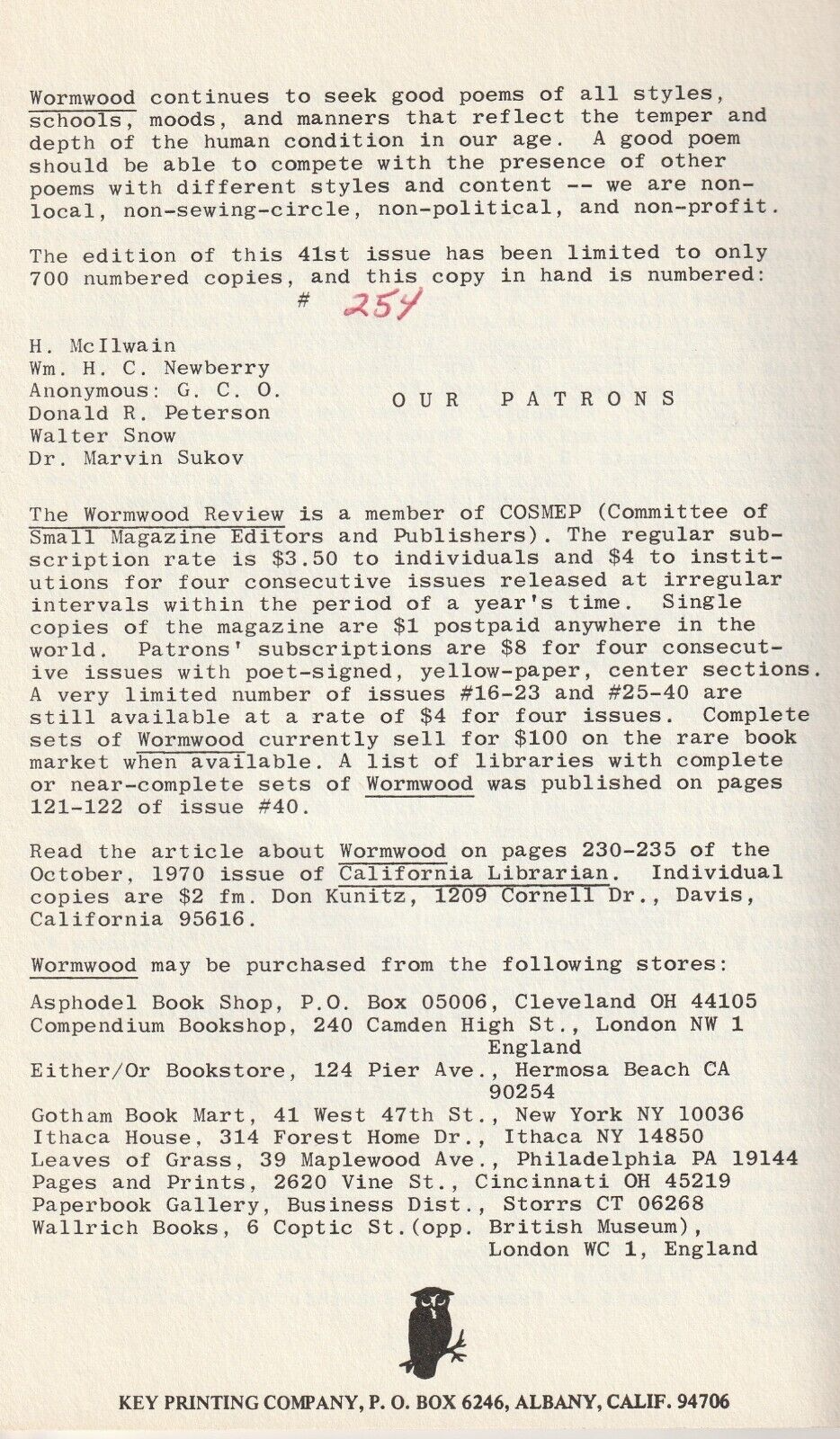 Wormwood Review 41 #254/700 – One Charles Bukowski Poem (1971)