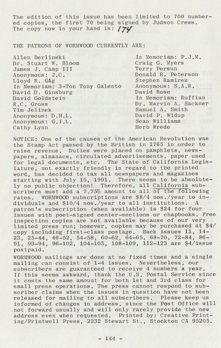 Wormwood Review 124 #174/700 -- One Uncollected Poem (Two Total) by Charles Bukowski (1991)