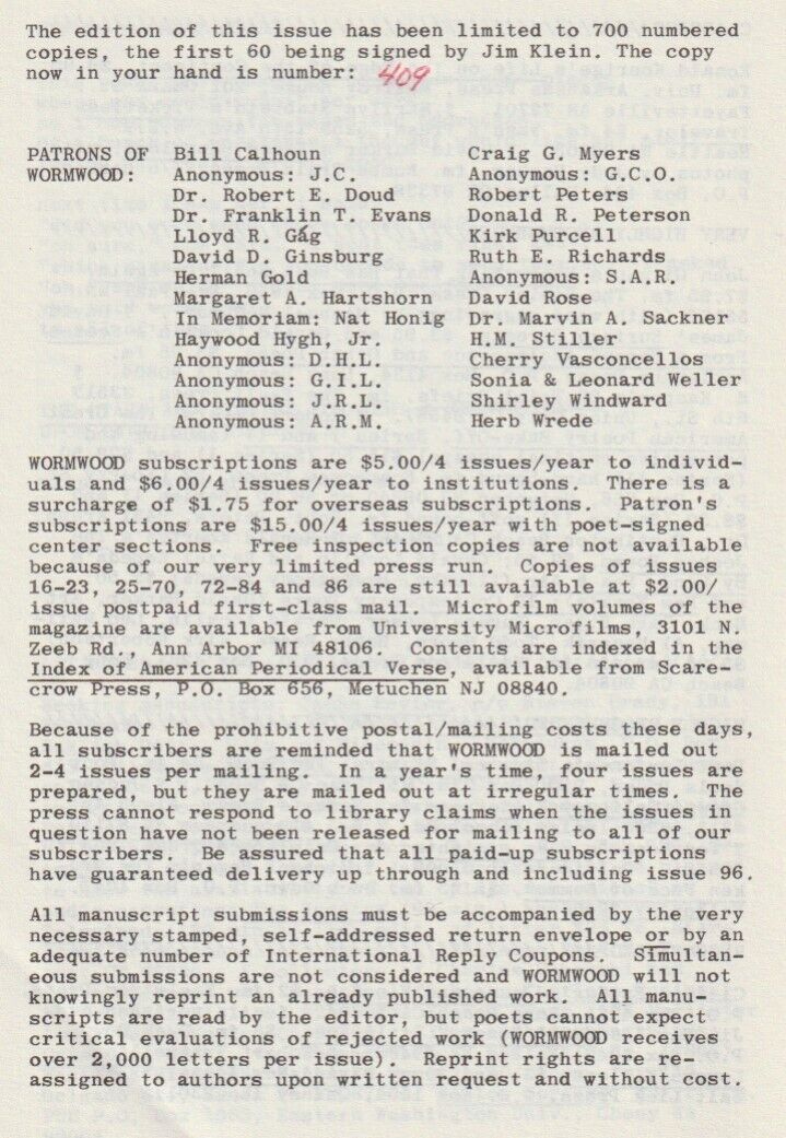 Wormwood Review 87 #409/700 -- Three Uncollected Poems (Four Total) by Charles Bukowski (1982)