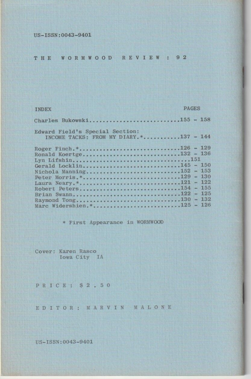 Wormwood Review 78 #312/700 -- Two Poems, One Uncollected by Charles Bukowski (1980)