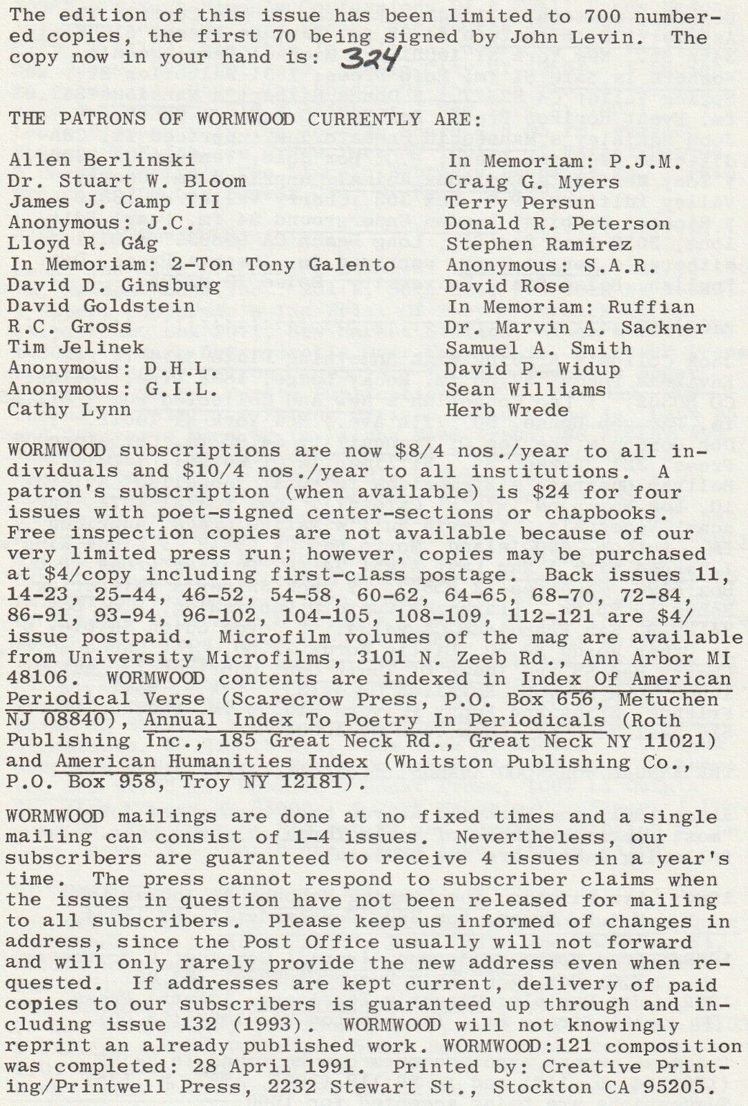 Wormwood Review 121 #324/700 -- Two Uncollected Poems by Charles Bukowski (1991)