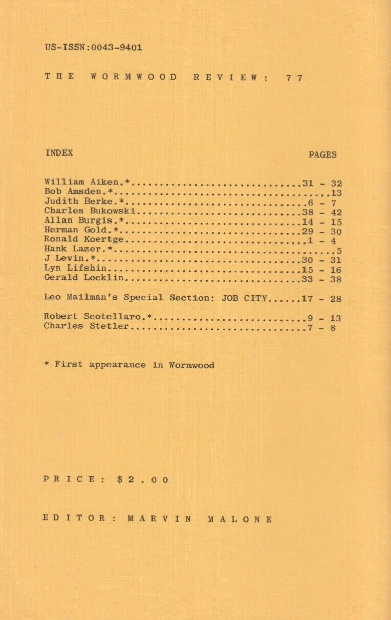 Wormwood Review 77 (#322/700) -- Four Uncollected Poems (Six Total) by Charles Bukowski (1980)