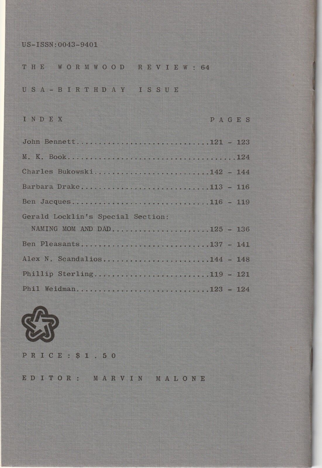 Wormwood Review 64 (1/700) – Two Uncollected Poems (3 Toal) by Charles Bukowski (1976)