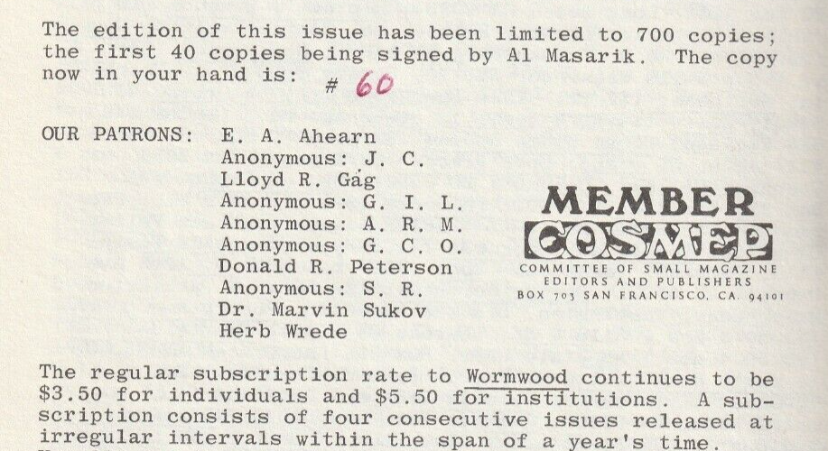 Wormwood Review 57 #60/700 – Two Uncollected Poems (4 total) by Charles Bukowski (1976)