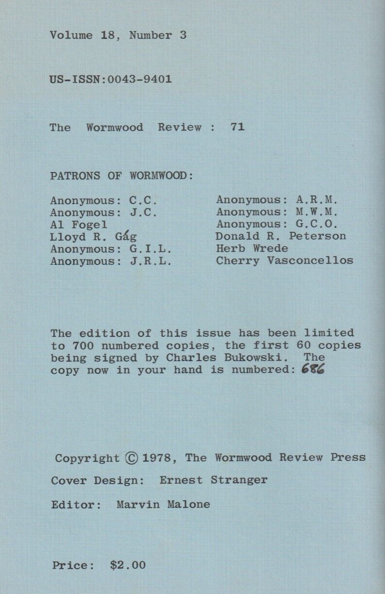 Wormwood Review 71 #686/700 -- Charles Bukowski Chapbook with 41 Poems, Nine Uncollected (1978)