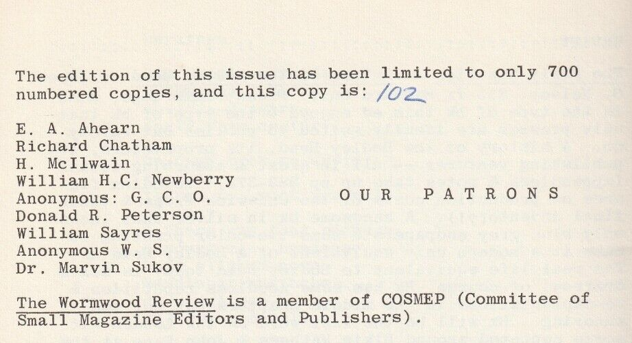 Wormwood Review 44 #102/700 – Three Uncollected Charles Bukowski poems (1971)