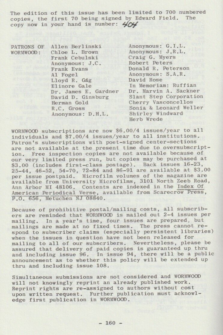 Wormwood Review 78 #312/700 -- Two Poems, One Uncollected by Charles Bukowski (1980)