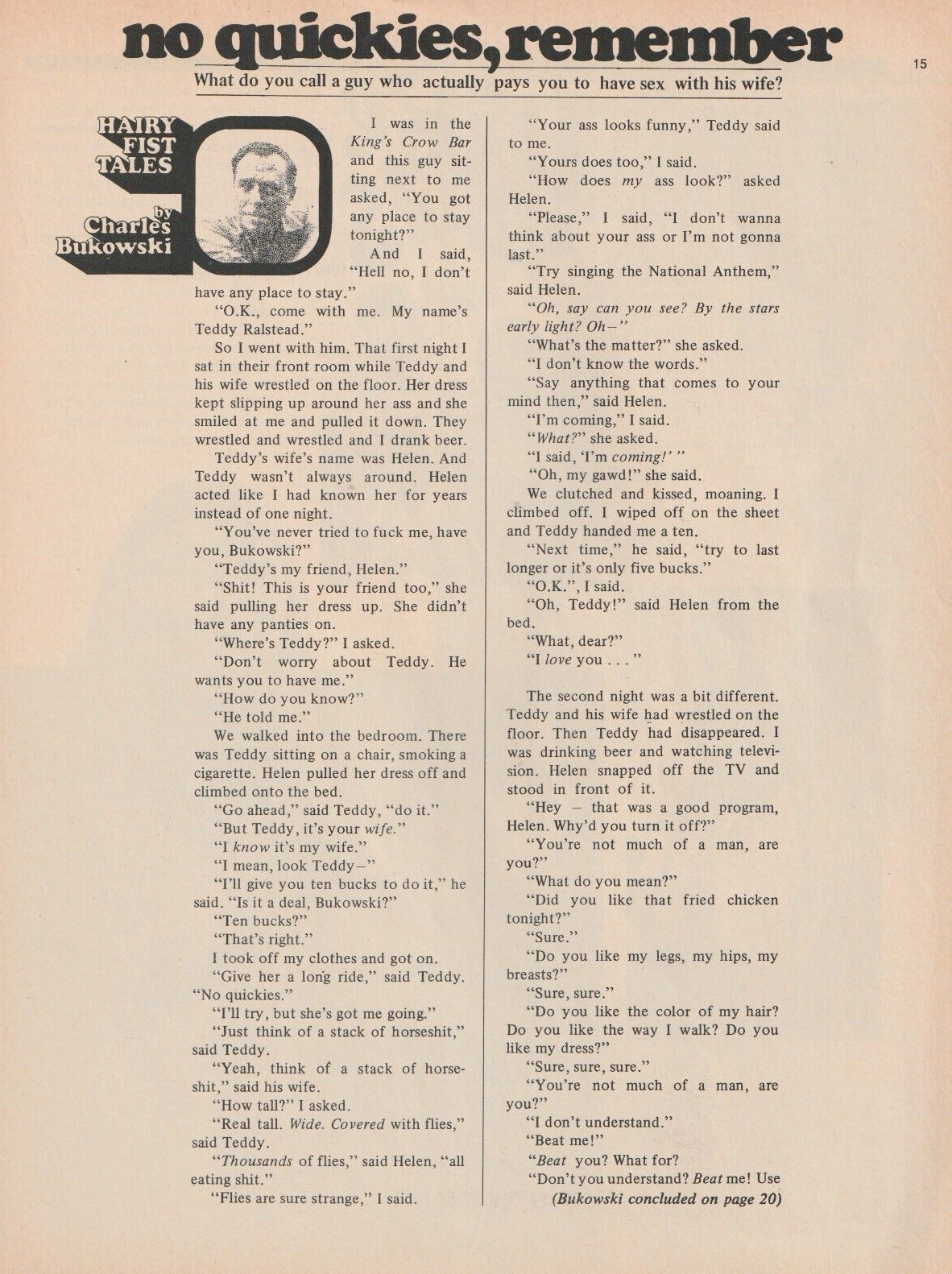 Fling September 1971 -- First Appearance Short Story by Charles Bukowski: No Quickies, Remember (1971)