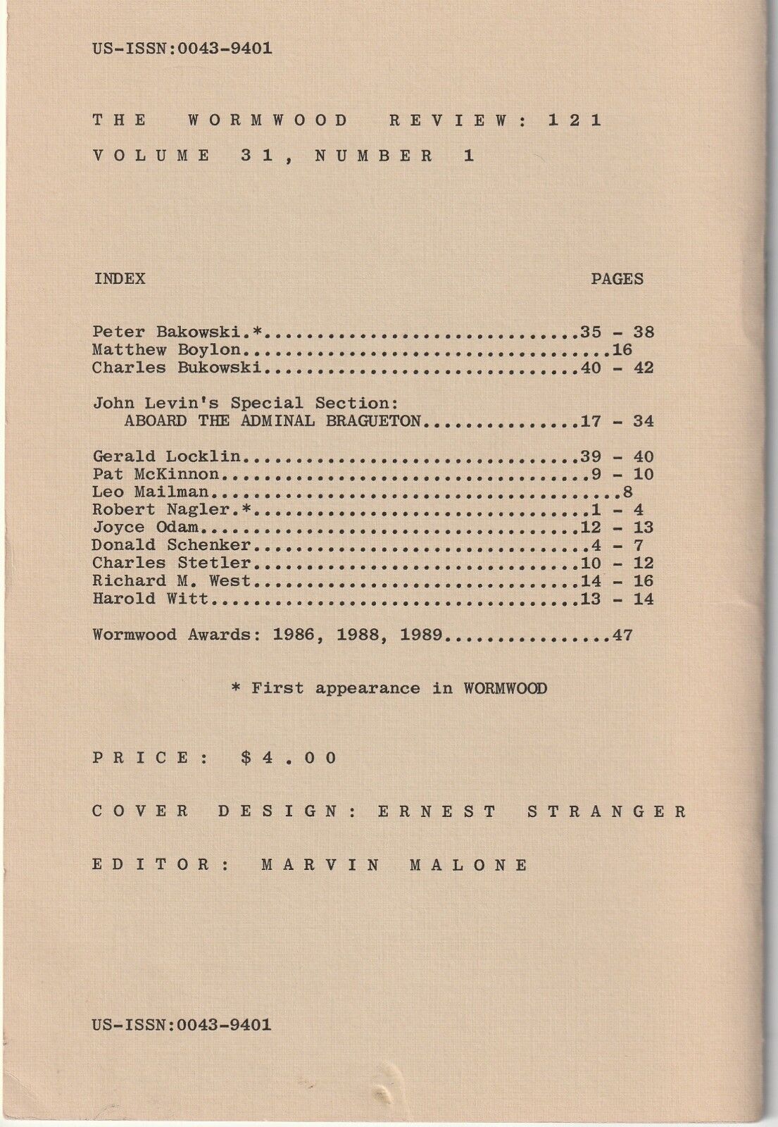 Wormwood Review 121 #324/700 -- Two Uncollected Poems by Charles Bukowski (1991)