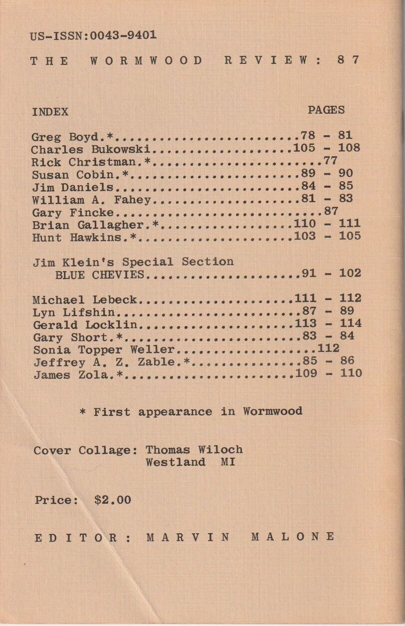 Wormwood Review 87 #409/700 -- Three Uncollected Poems (Four Total) by Charles Bukowski (1982)