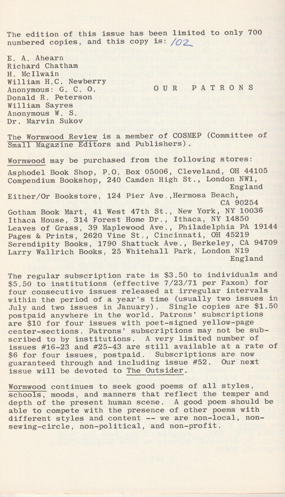 Wormwood Review 44 #102/700 – Three Uncollected Charles Bukowski poems (1971)