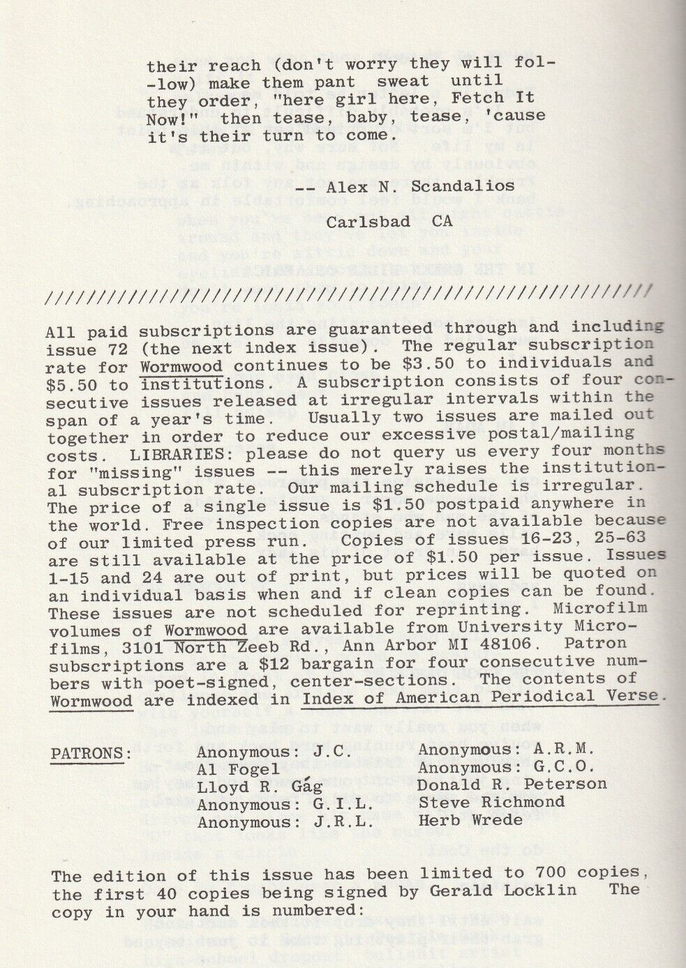 Wormwood Review 64 (1/700) – Two Uncollected Poems (3 Toal) by Charles Bukowski (1976)