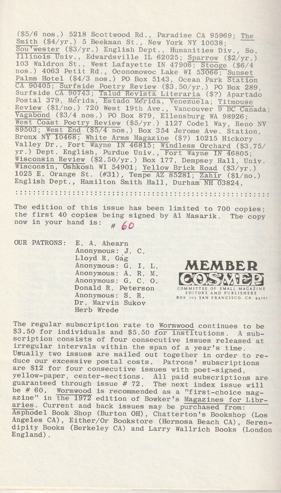 Wormwood Review 57 #60/700 – Two Uncollected Poems (4 total) by Charles Bukowski (1976)