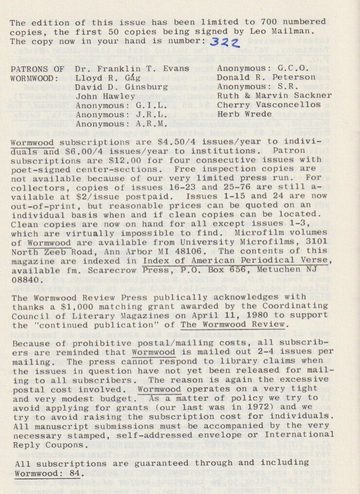 Wormwood Review 77 (#322/700) -- Four Uncollected Poems (Six Total) by Charles Bukowski (1980)