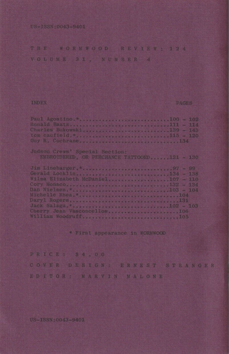 Wormwood Review 124 #174/700 -- One Uncollected Poem (Two Total) by Charles Bukowski (1991)