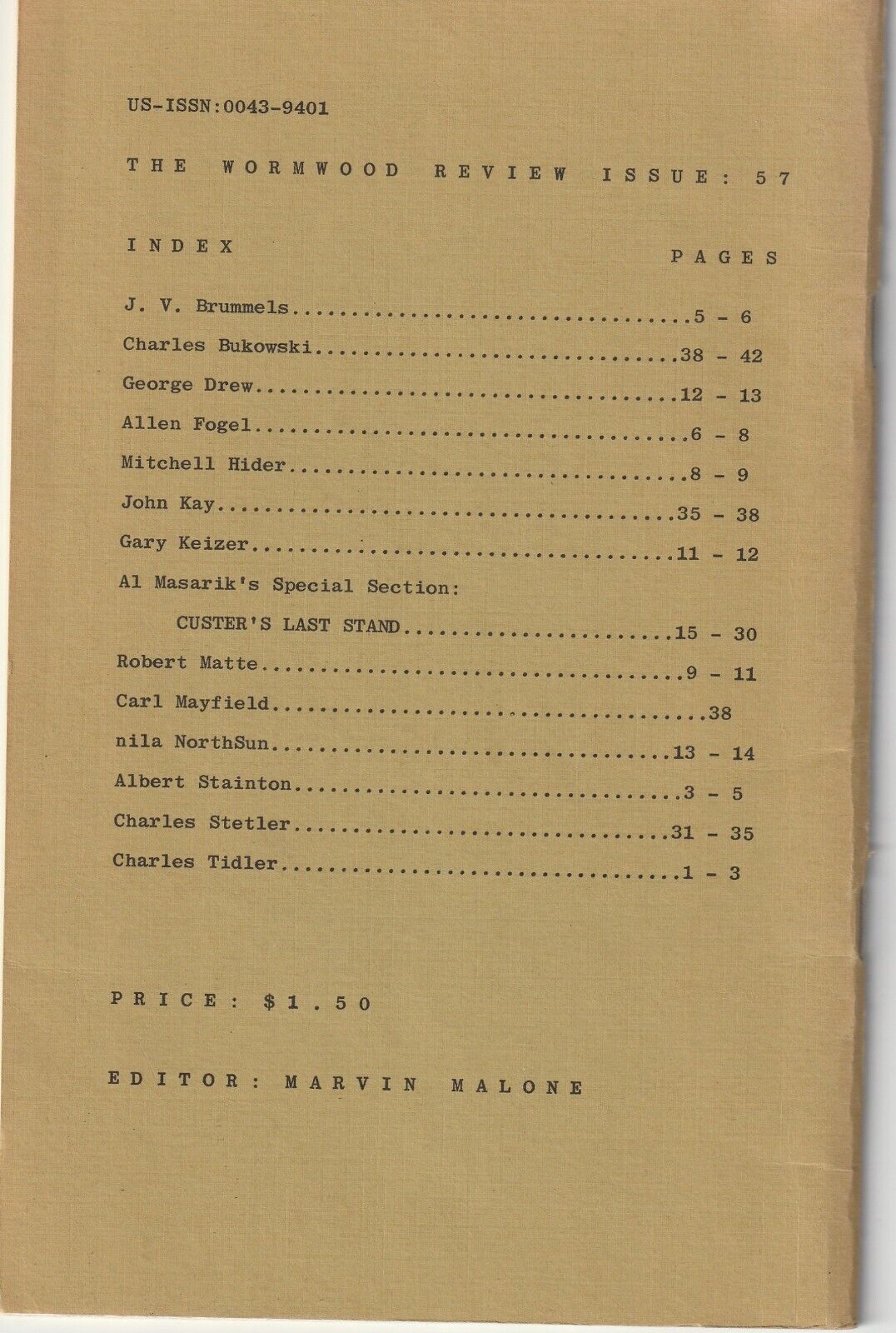 Wormwood Review 57 #60/700 – Two Uncollected Poems (4 total) by Charles Bukowski (1976)