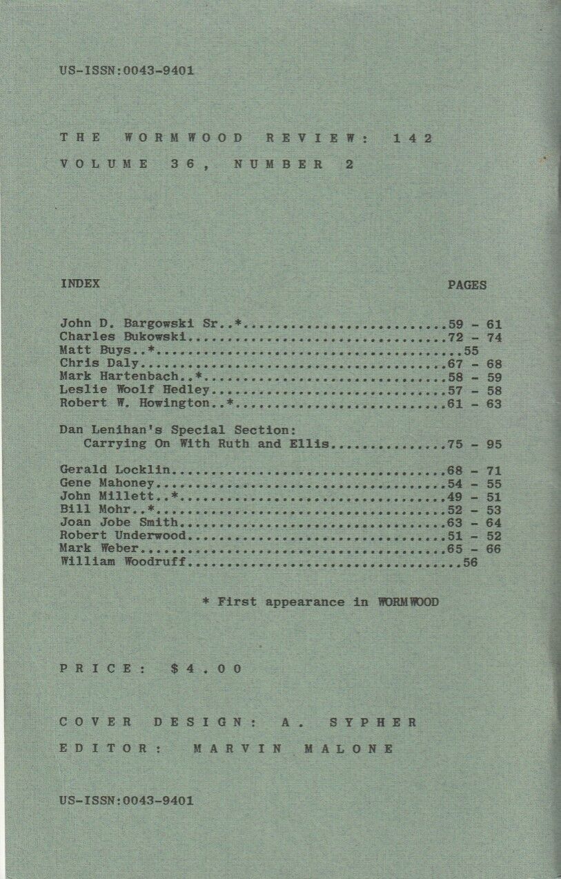 Wormwood 143 #225/700 -- Two Uncollected Poems (Three Total) by Charles Bukowski (1996)
