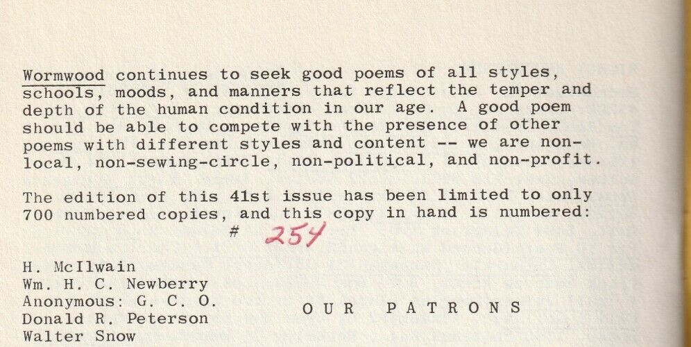 Wormwood Review 41 #254/700 – One Charles Bukowski Poem (1971)