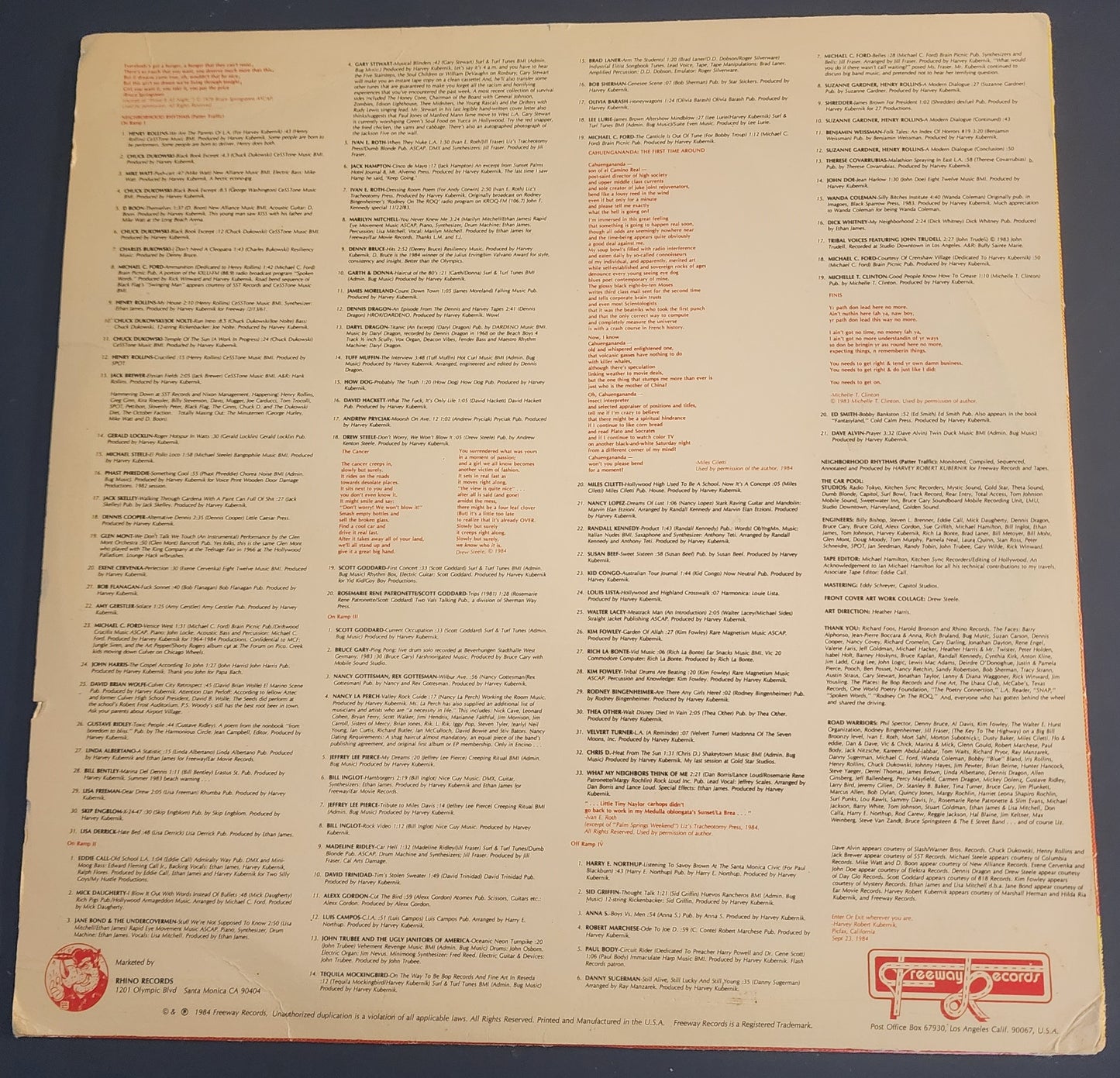 Neighborhood Rhythms Vinyl LP with “I Don't Need A Cleopatra” read by Charles Bukowski