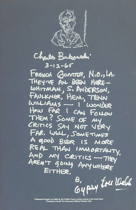 Perdido Press Broadside w/ Bukowski Inscription: Signed by Gypsy Lou Webb (1994)