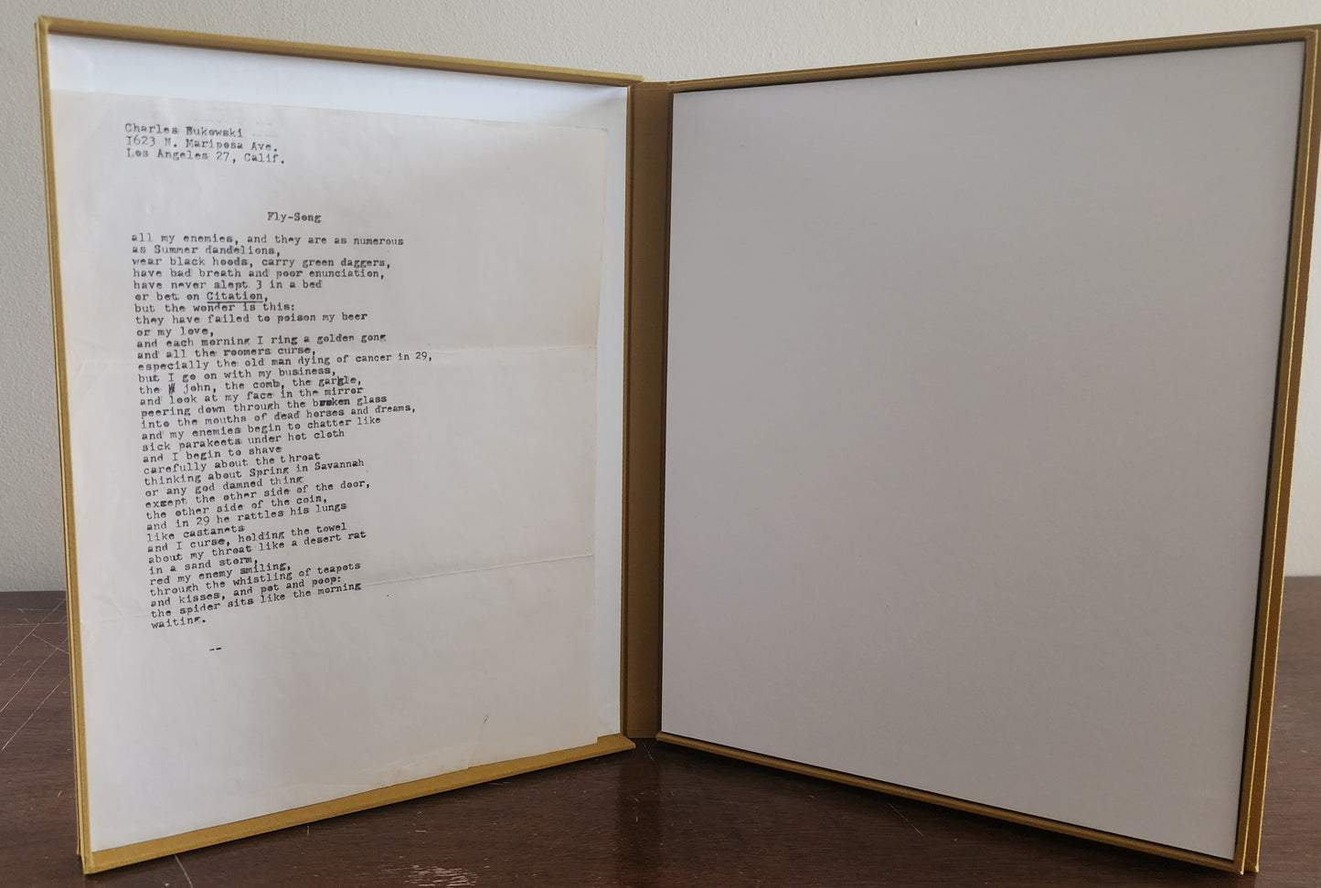 Early Original Typescript: Fly-Song by Charles Bukowski
