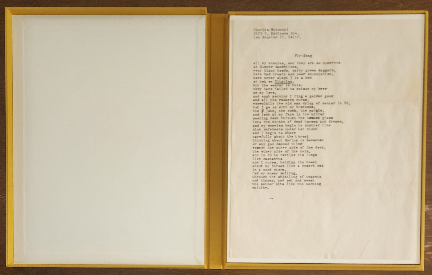 Early Original Typescript: Fly-Song by Charles Bukowski