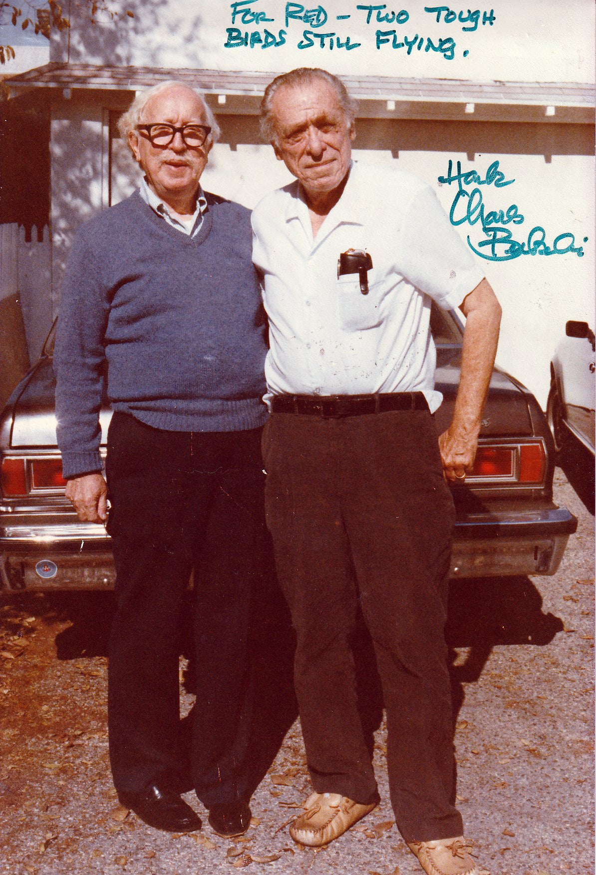 Signed and Inscribed Photograph of Charles Bukowski and Red Stoldosky (8”x12”)