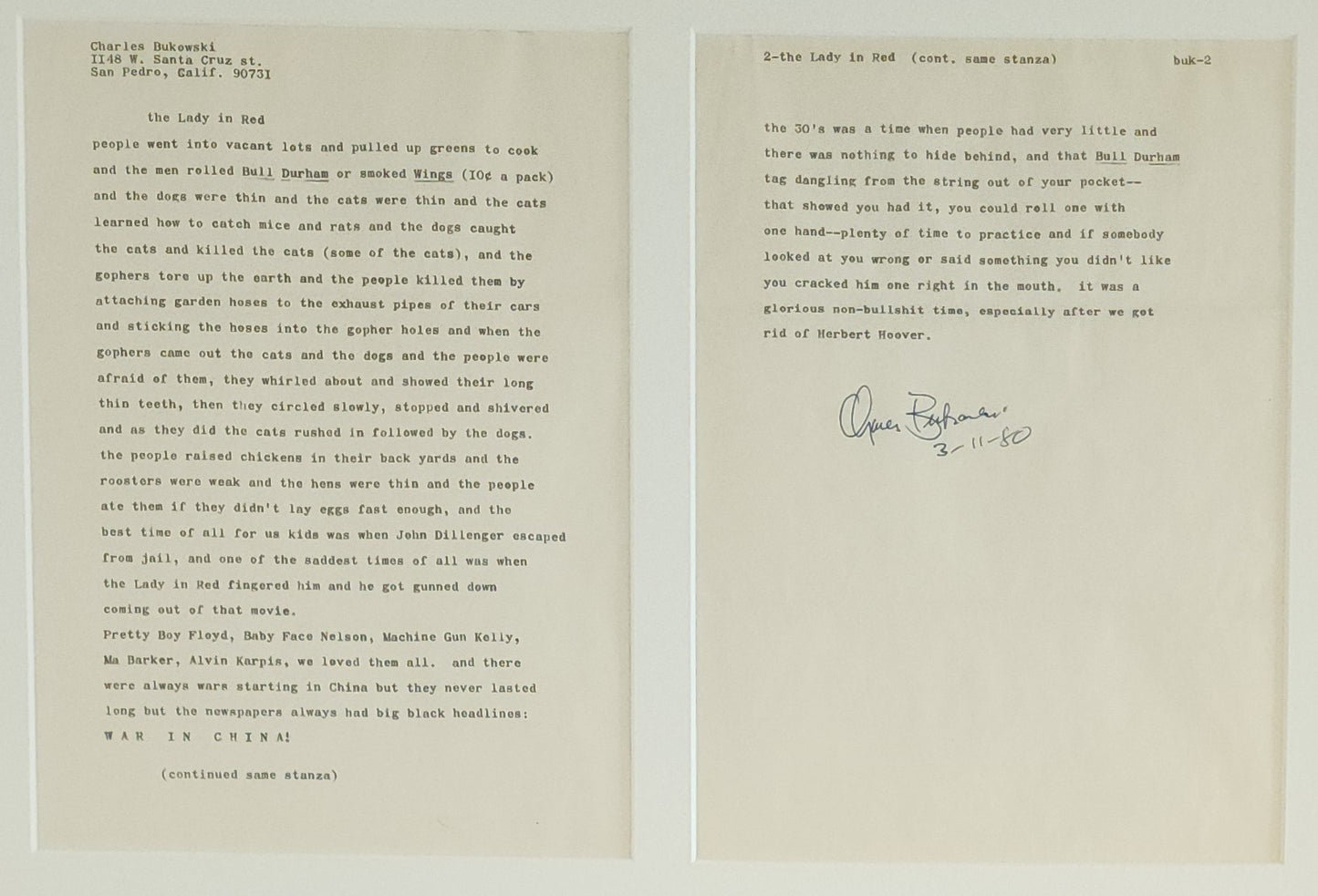 The Lady in Red: Ribbon Copy Signed by Charles Bukowski