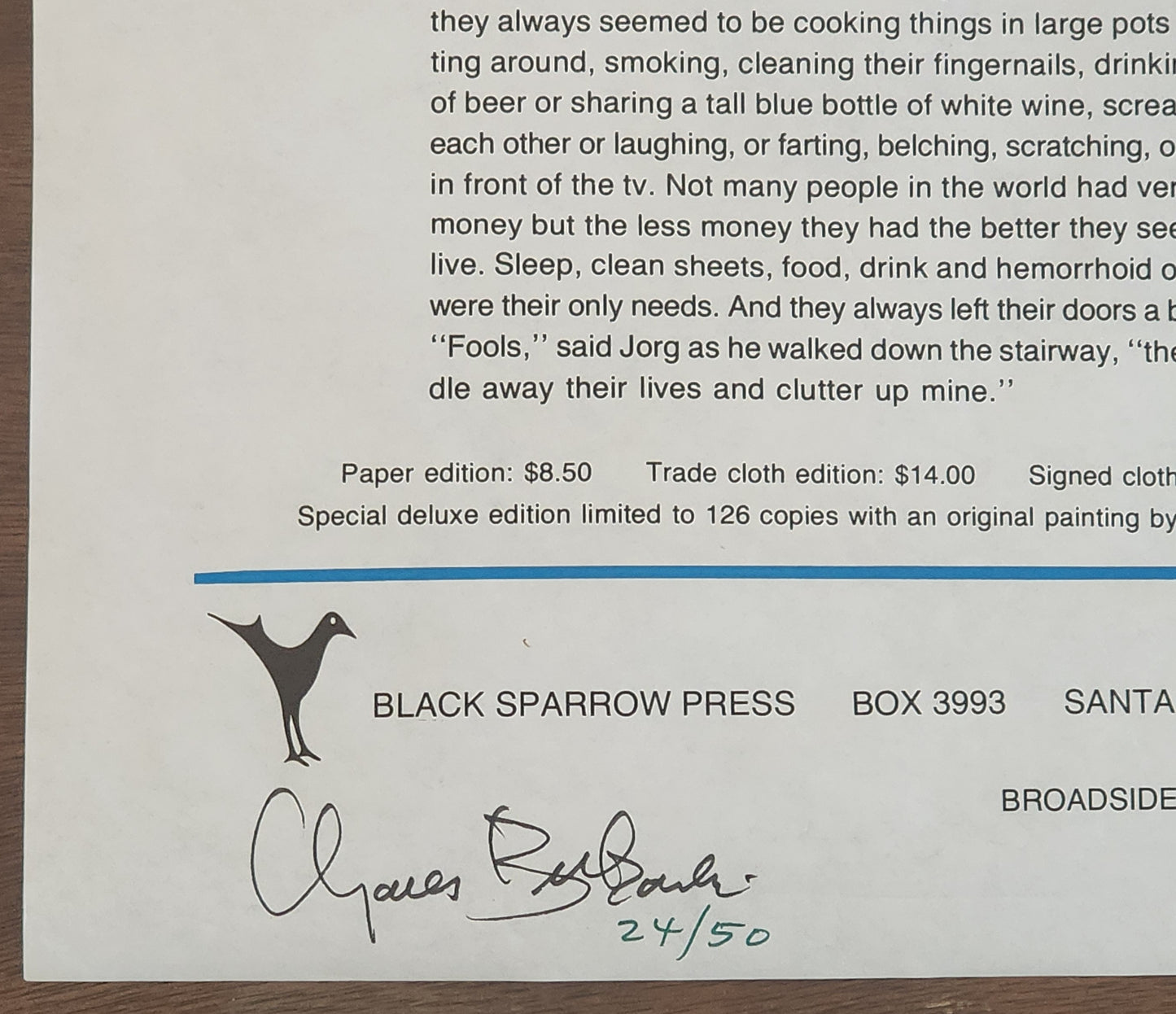 Hot Water Music Broadside: #24/50 Signed by Charles Bukowski