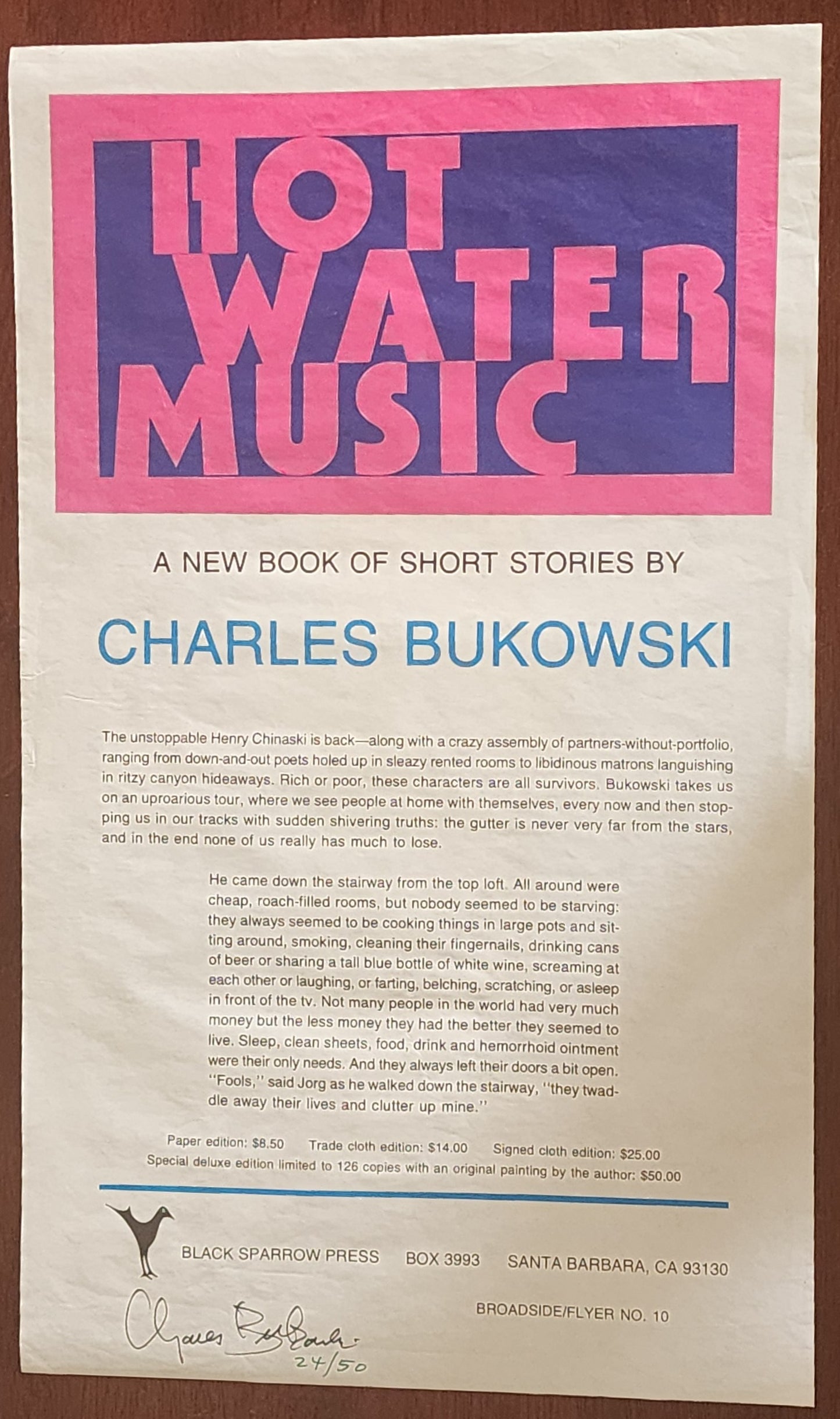 Hot Water Music Broadside: #24/50 Signed by Charles Bukowski