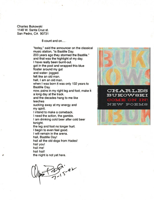 8 Count And On: Signed Manuscript by Charles Bukowski from “Come On In!”