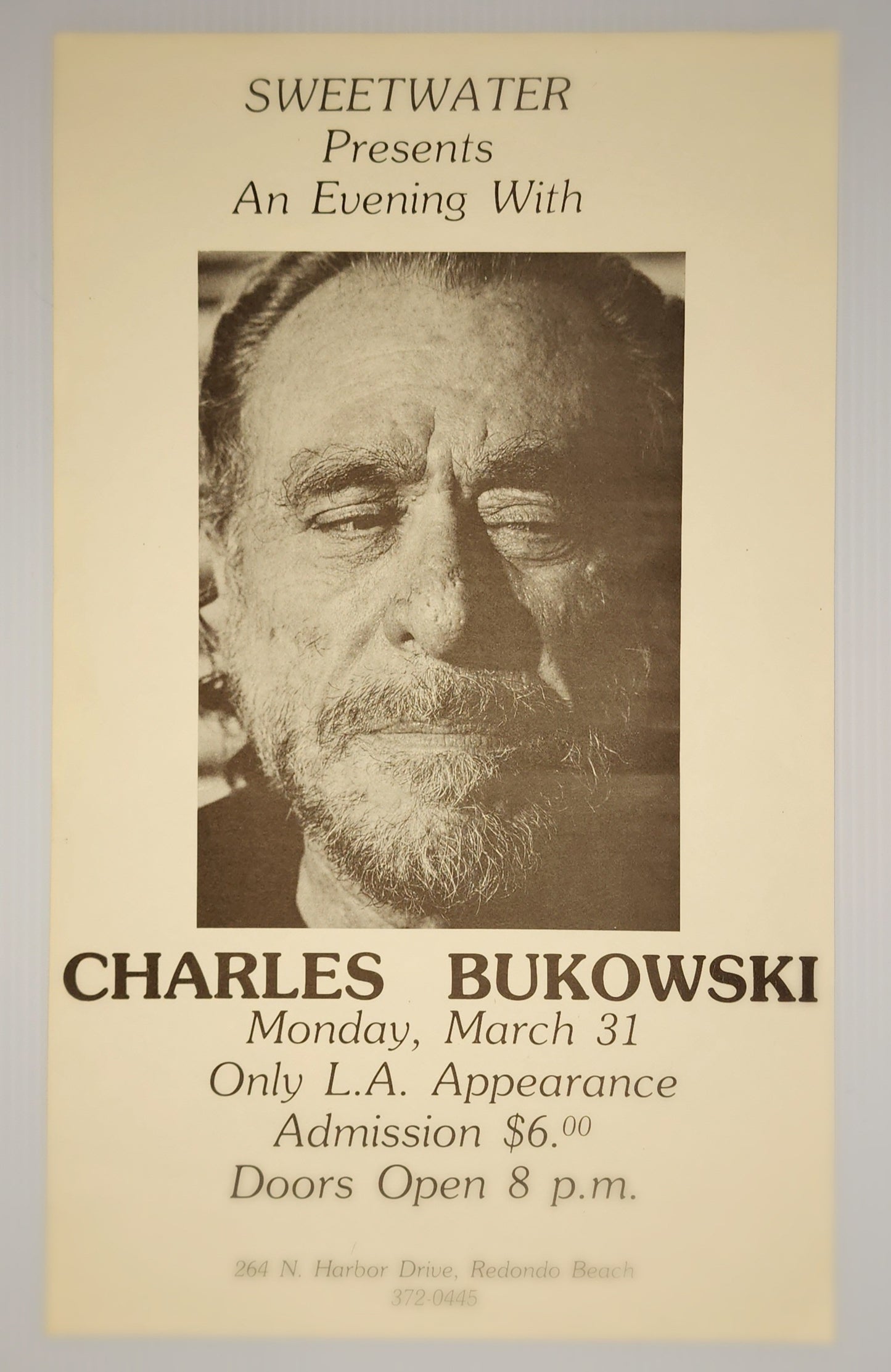 Bukowski’s Final Public Reading: Poster for Sweetwater and Rhino First Issue Hostage CD