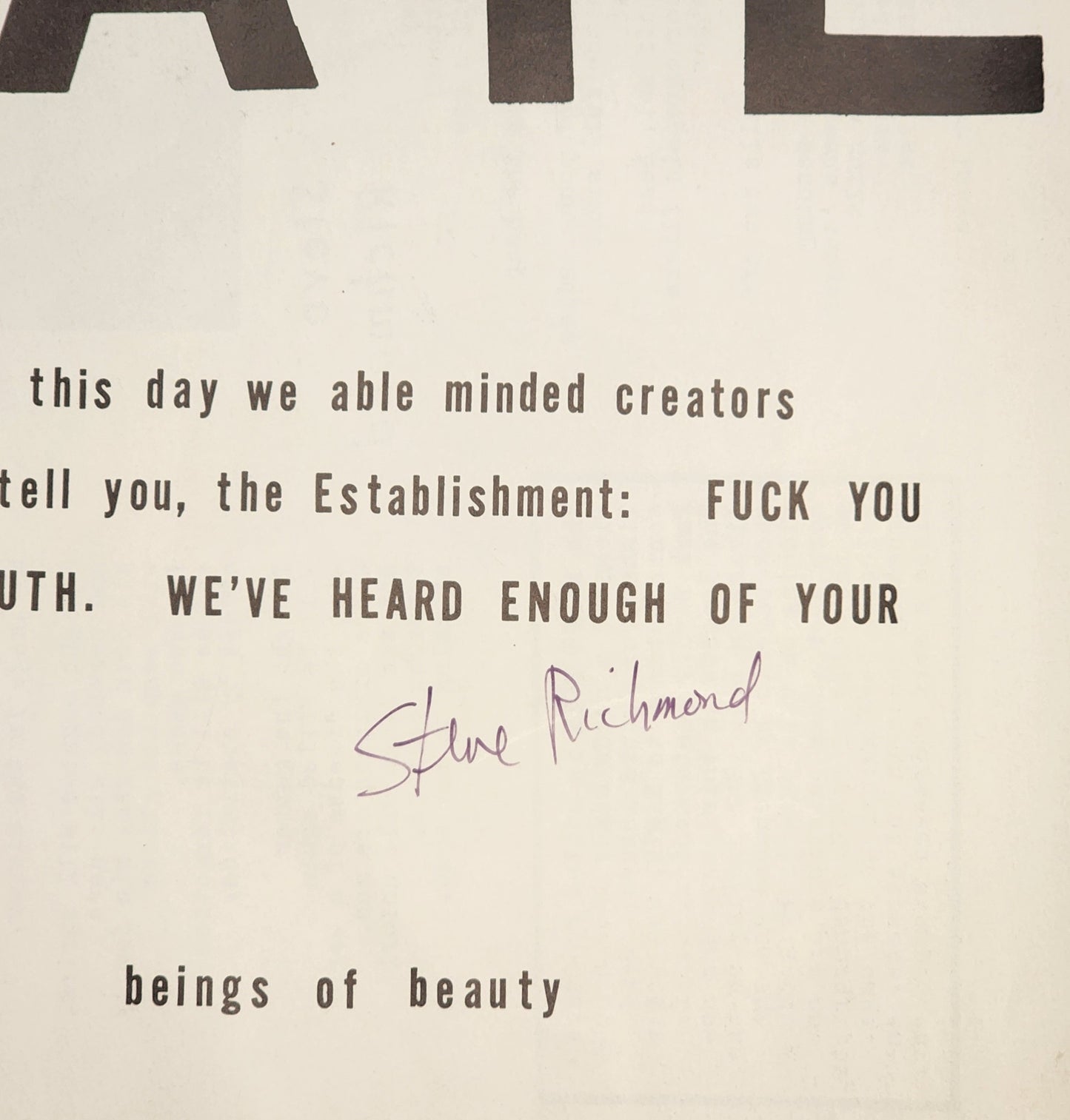 Earth Rose 1 -- Fuck Hate, Signed by Steve Richmond