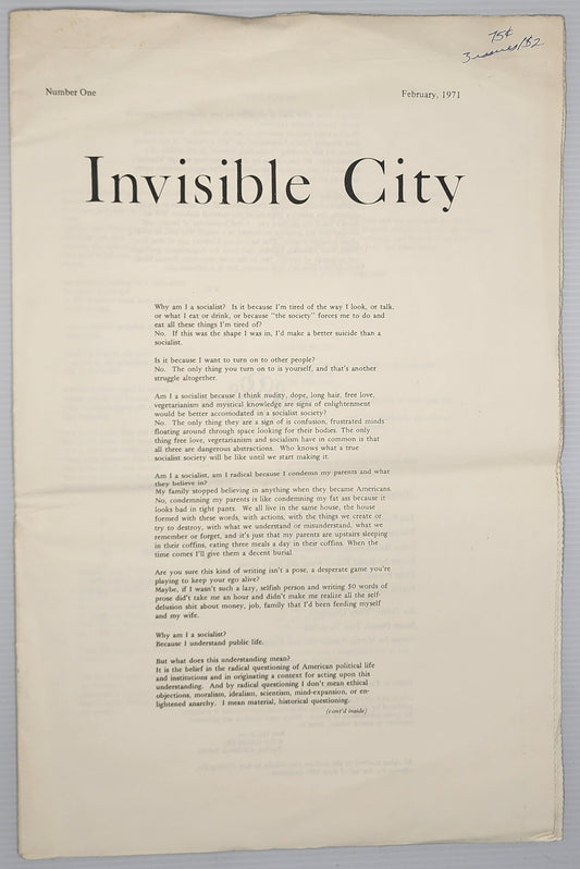 Invisible City No. 1 -- Special Bukowski Section with 10 Poems, 5 Uncollected: Invisible City No. 1, February 1971