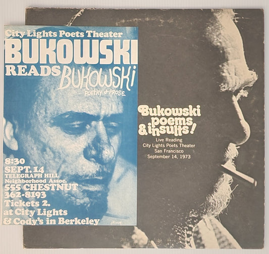 Poems & Insults Vinyl LP and Original Flyer for 1973 Bukowski Reading at City Lights Poets Theater