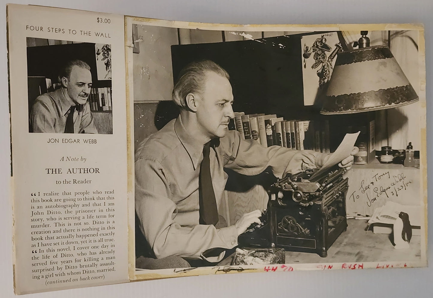 Inscribed Photograph and Hardcover Four Steps to the Wall by Jon Edgar Webb