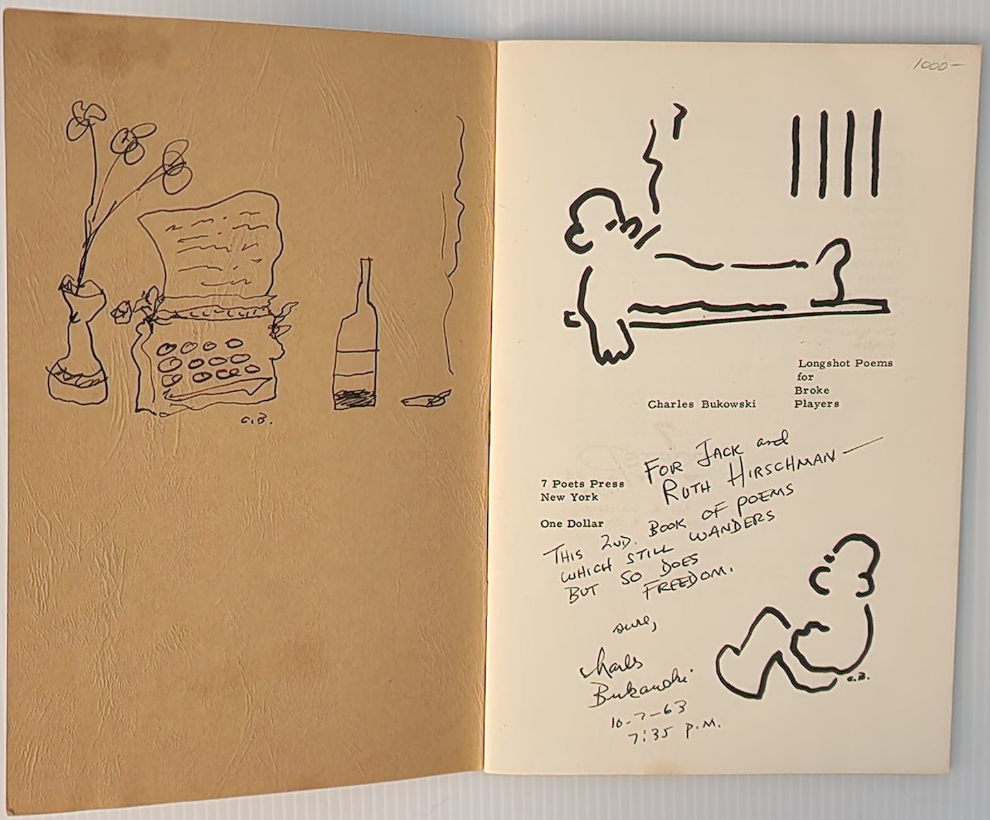 Longshot Pomes for Broke Players: Inscribed by Bukowski with Signed Original Drawing (1962)