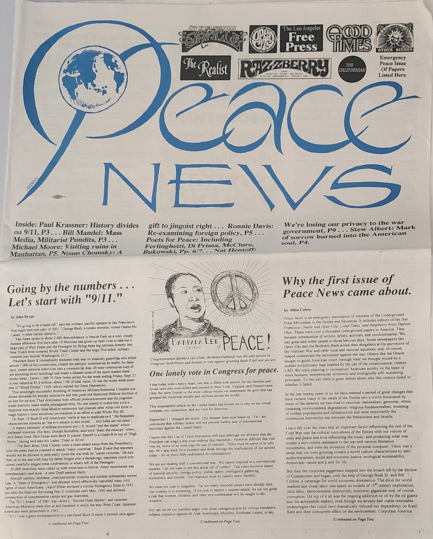 Peace News 2001 -- "Peace baby, is a hard sell" by Charles Bukowski