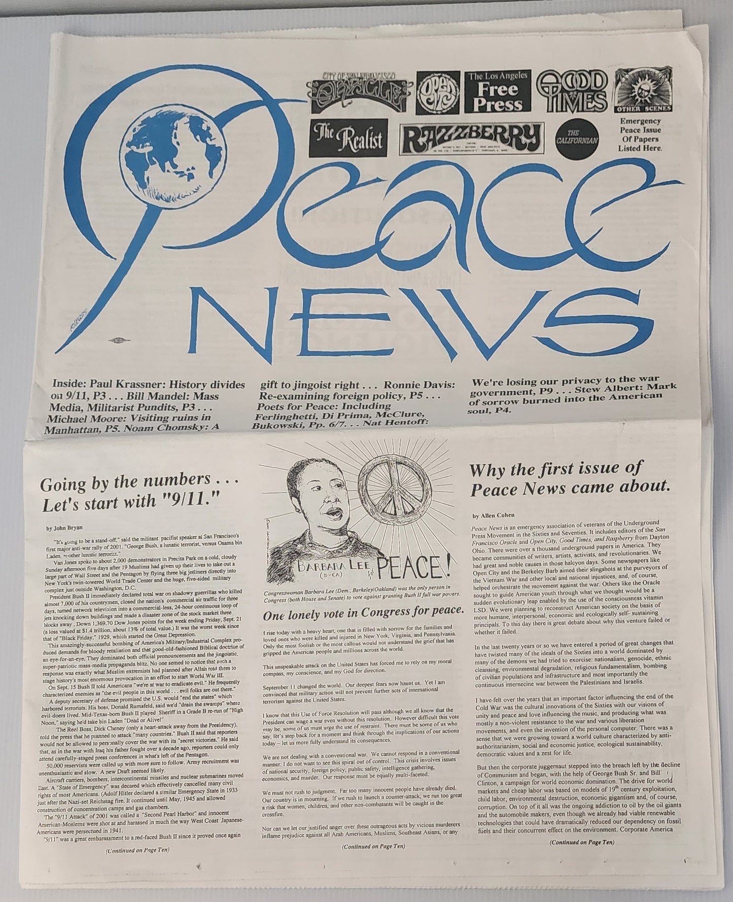 Peace News 2001 -- "Peace baby, is a hard sell" by Charles Bukowski