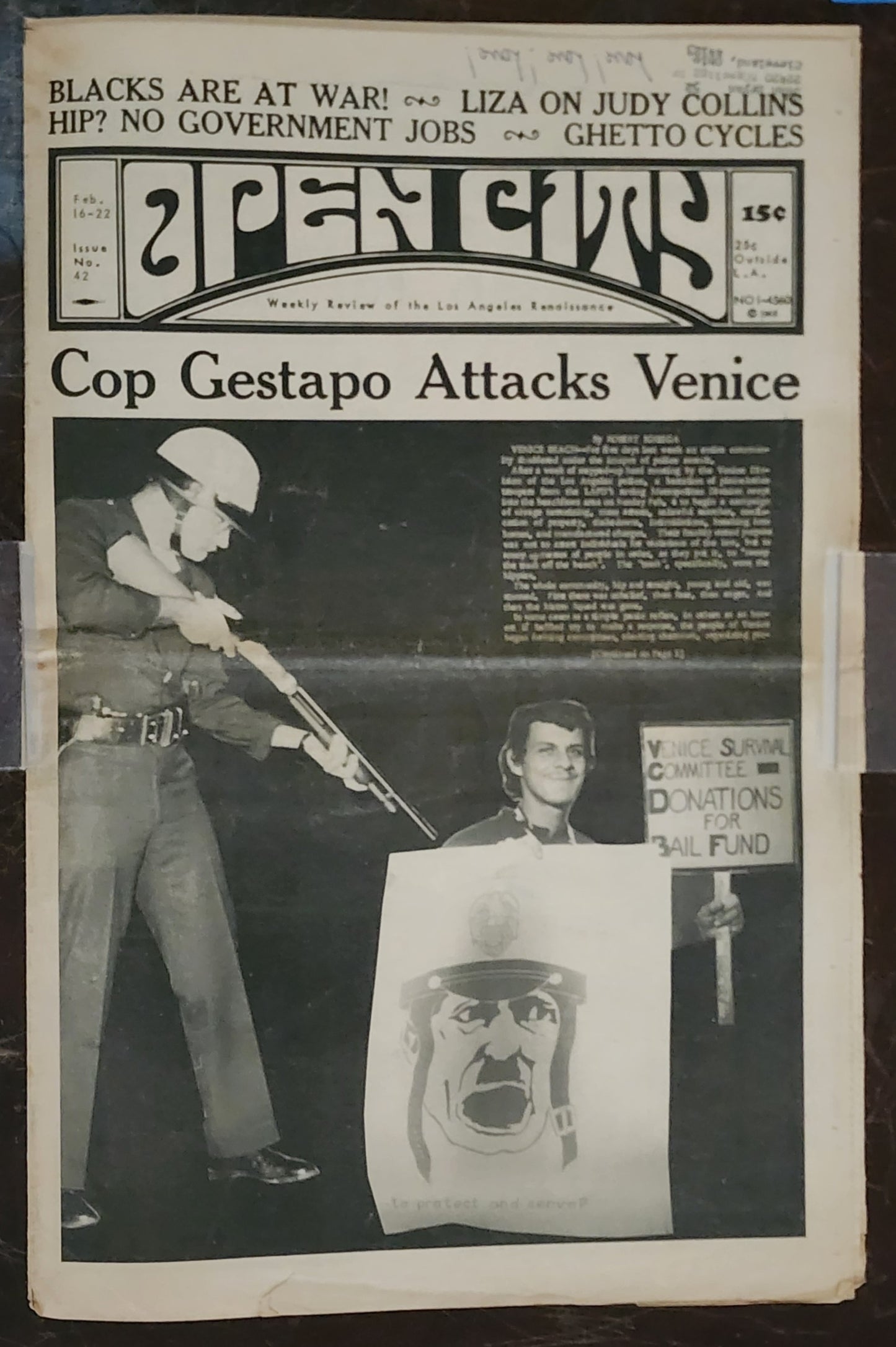 OPEN CITY No. 42, Feb. 16–22, 1968 — Bukowski Notes, Neal Cassady Obituary, Judy Collins, Venice Police Riots