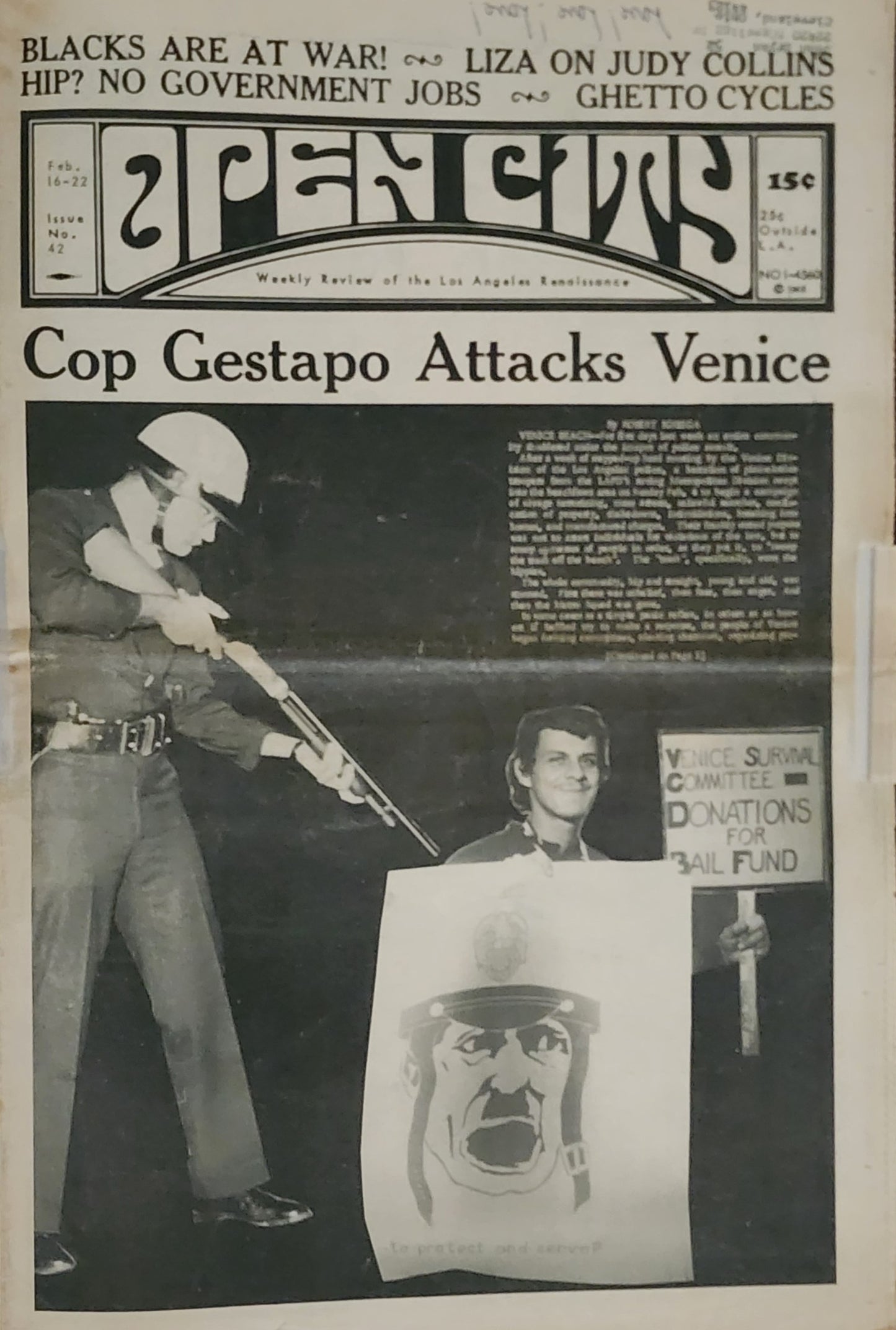 OPEN CITY No. 42, Feb. 16–22, 1968 — Bukowski Notes, Neal Cassady Obituary, Judy Collins, Venice Police Riots