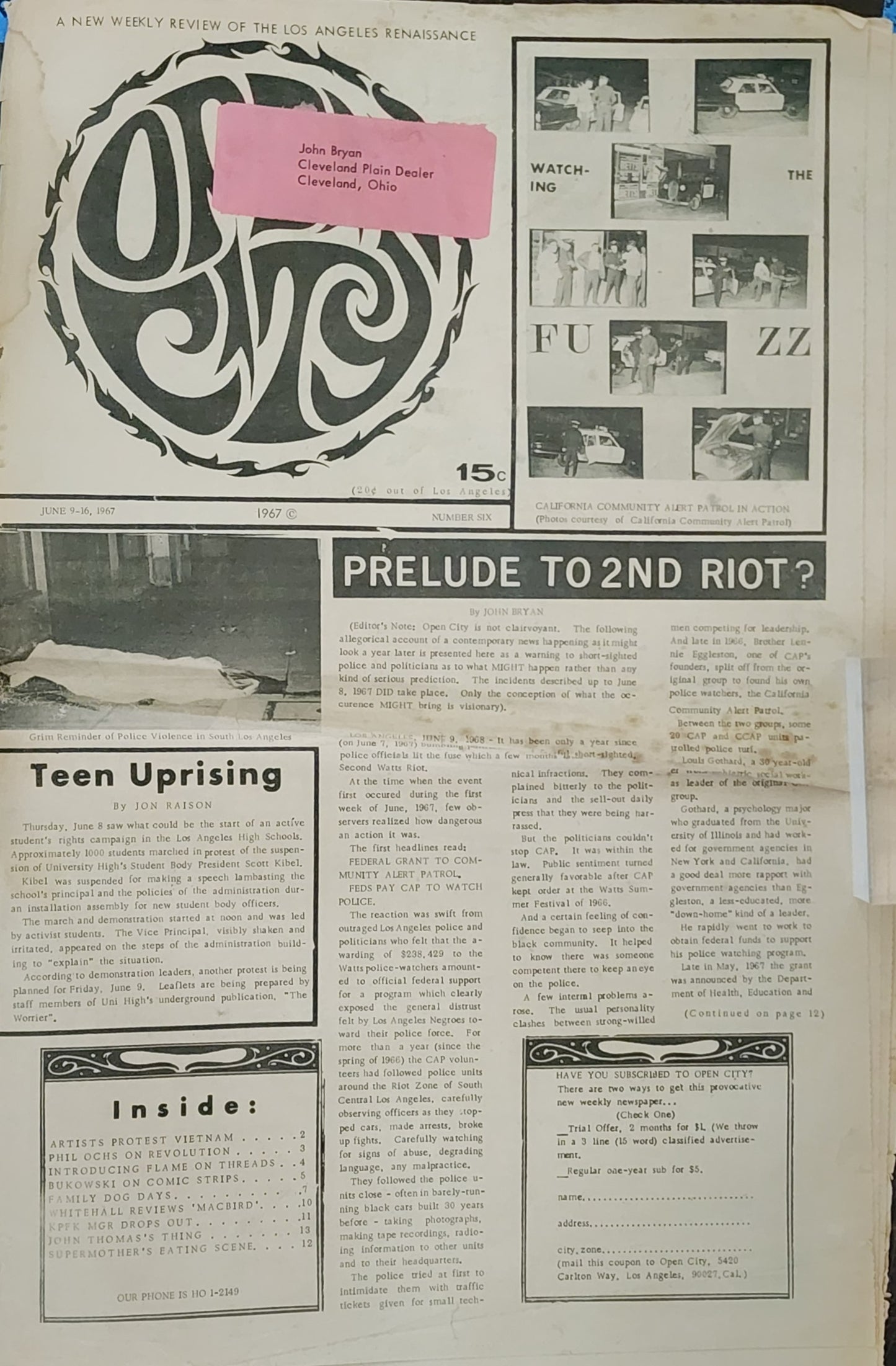 OPEN CITY No. 6, June 9–16, 1967 — Bukowski on Poetry and the Underground, Phil Ochs, Frank Sinatra, Simon & Garfunkel